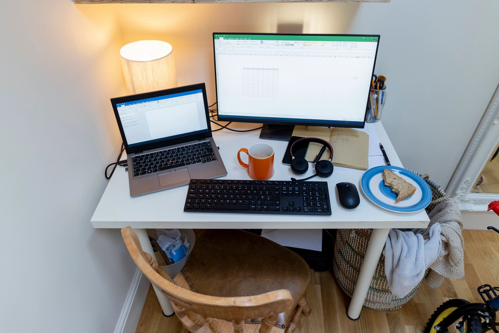 Dual-monitor editing workstation showing a timeline setup